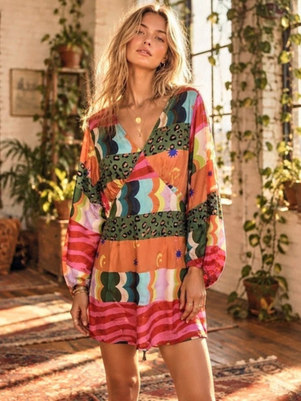 Sunday Up Geometric Mini Dress in Red & Green Like New